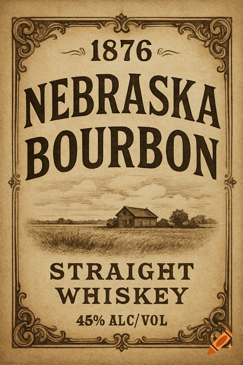 Vintage label for Nebraska Bourbon Straight Whiskey with illustration of a house in a field