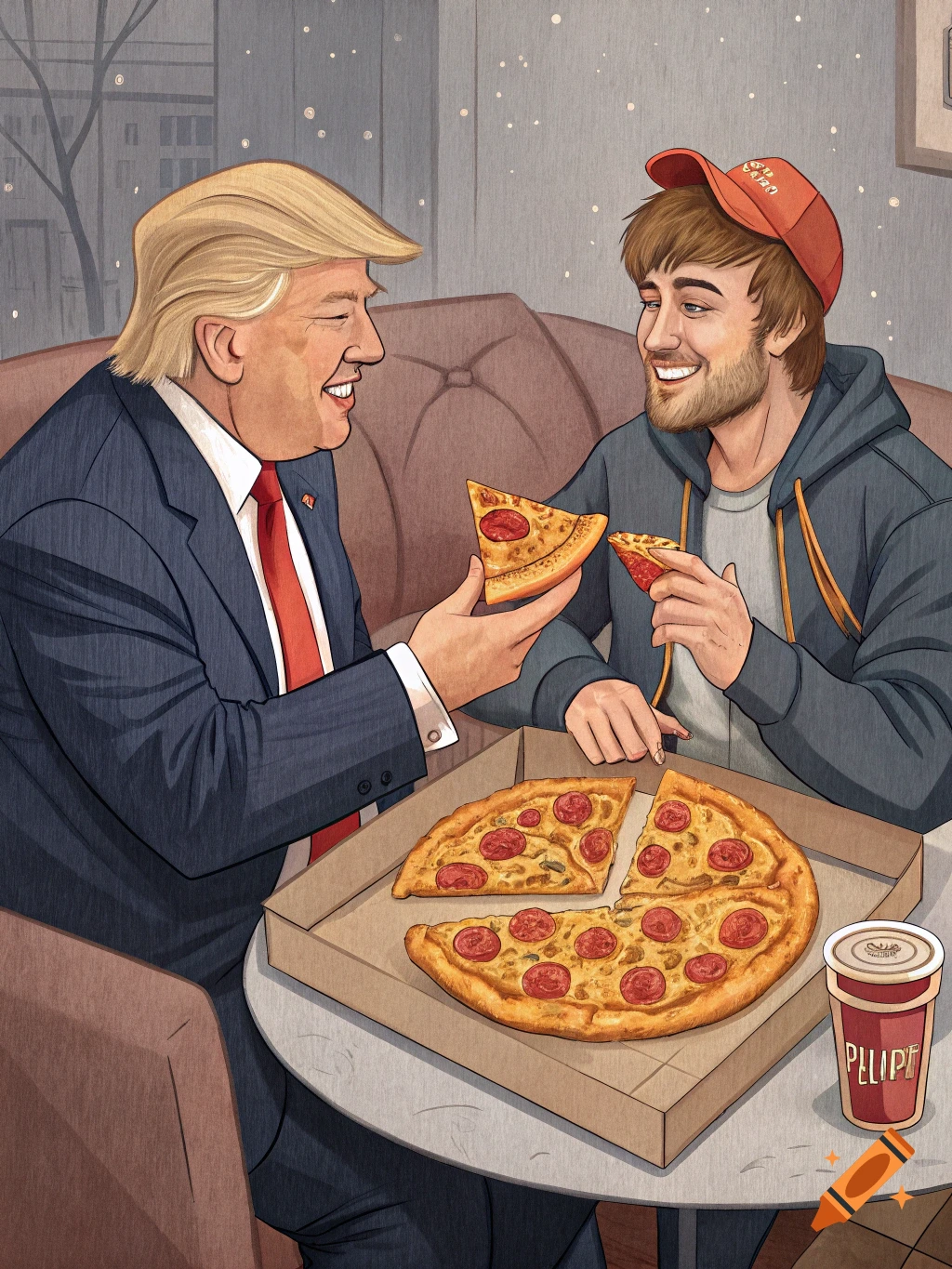 Illustration of Donald Trump and MrBeast eating pizza together.