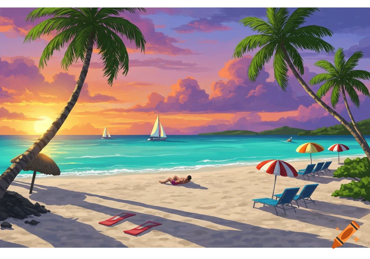 Digital illustration of a tropical beach at sunset with palm trees, person relaxing, umbrellas, chairs, and sailboats.