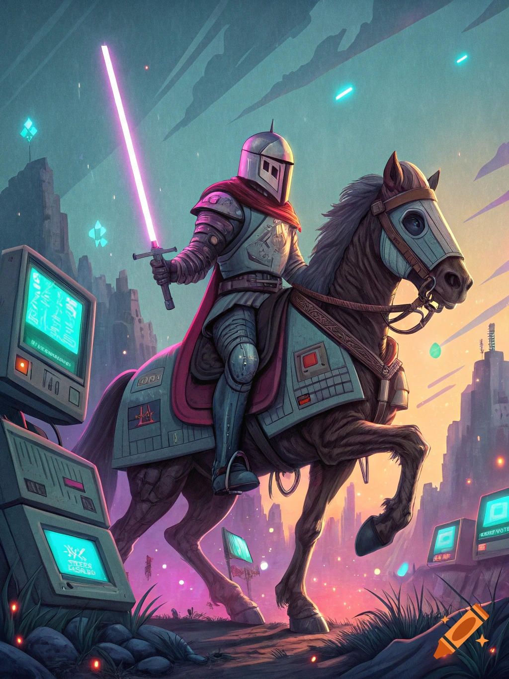 Sci-fi knight in futuristic armor rides horse with lightsaber past computers.
