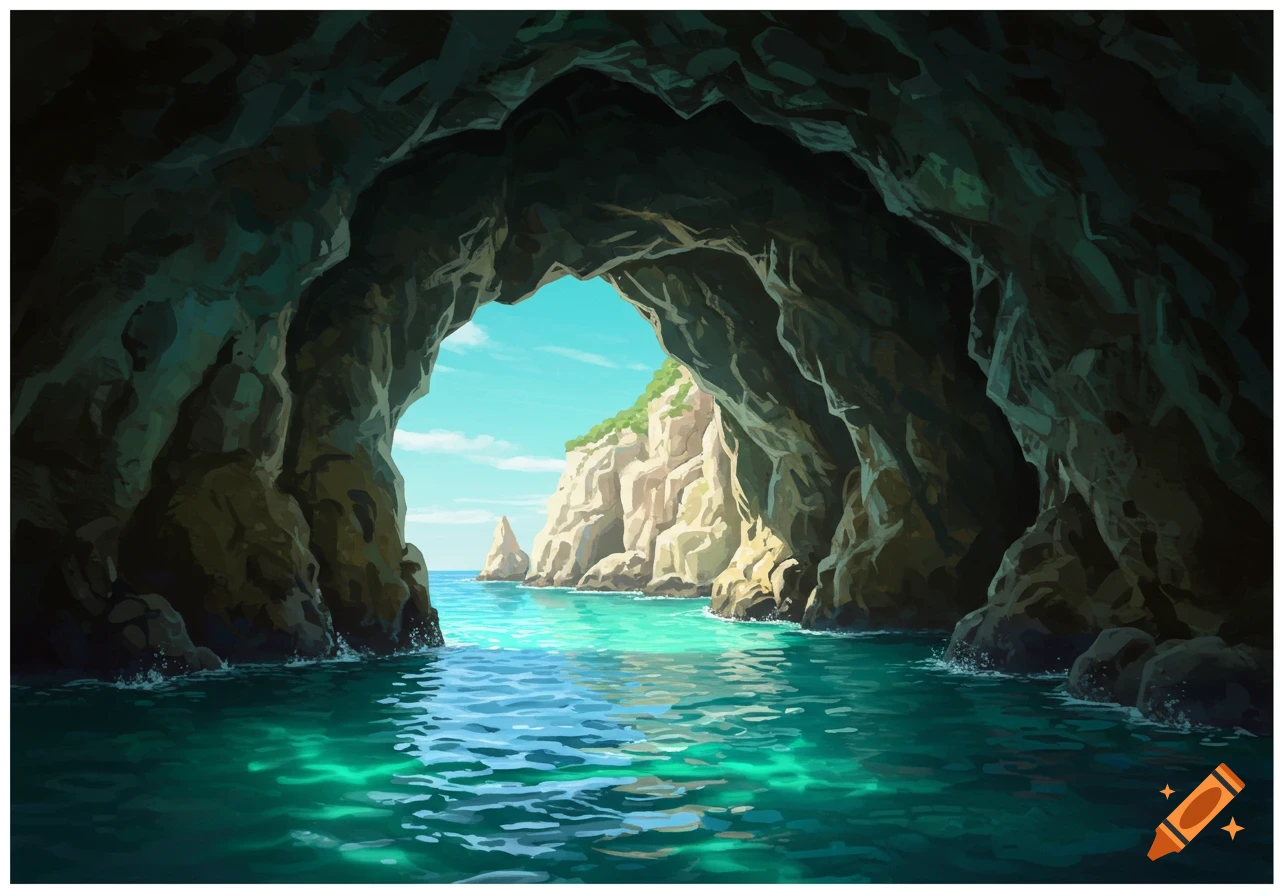 View from inside a dark sea cave looking out at bright blue water, rocky cliffs, and sky.