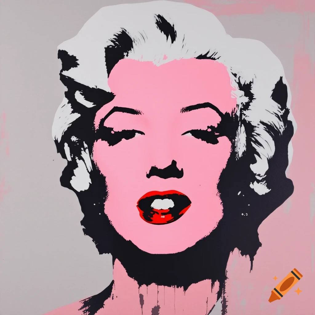 Pop art portrait of Marilyn Monroe in pink, black, and red, like Andy Warhol's style.