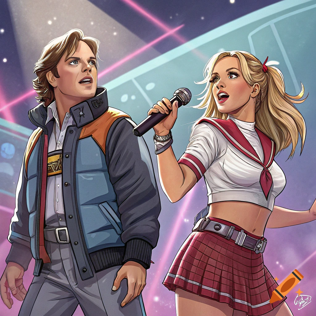 Illustration of a man and woman singing on stage.