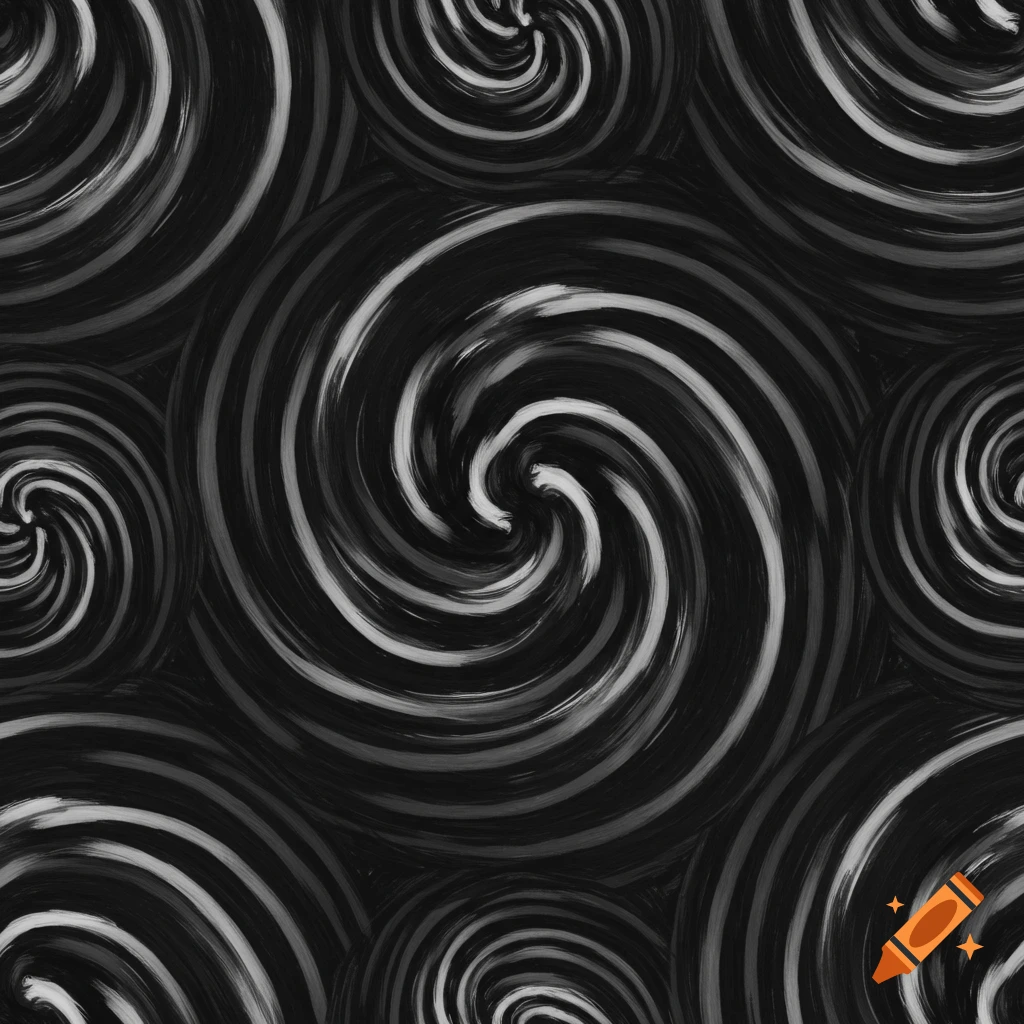 A black and white seamless pattern of swirling lines.
