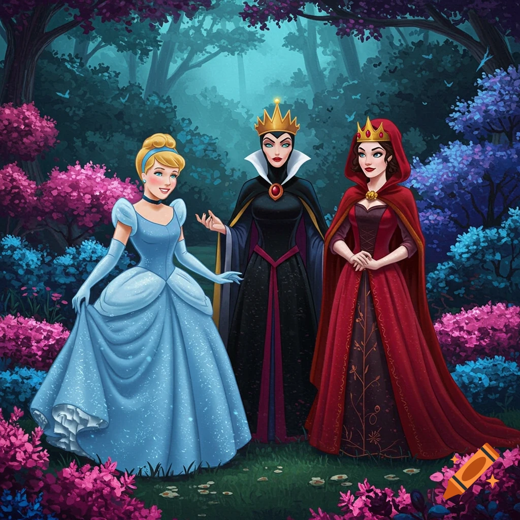 Cinderella, the Evil Queen, and Little Red Riding Hood stand together in a magical forest.