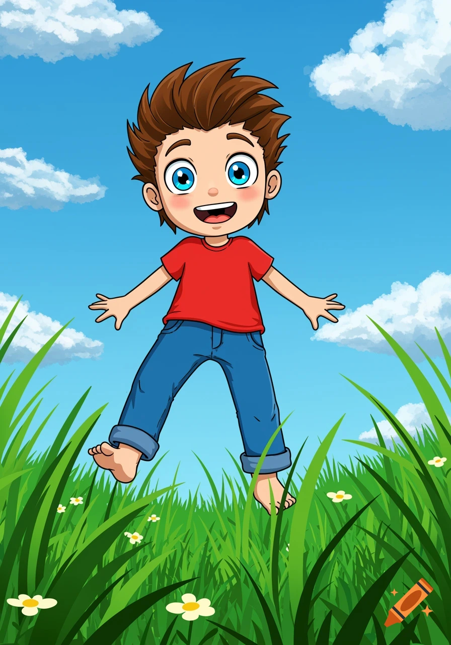 Cartoon illustration of a boy jumping in a grassy field with flowers under a blue sky.