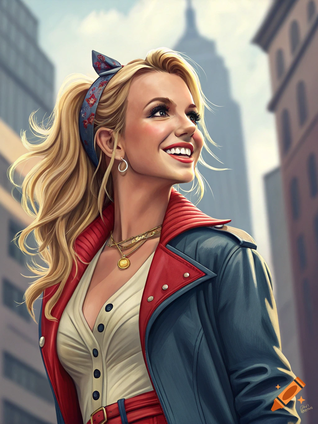 A blonde woman with a bandana smiles while standing in a city.