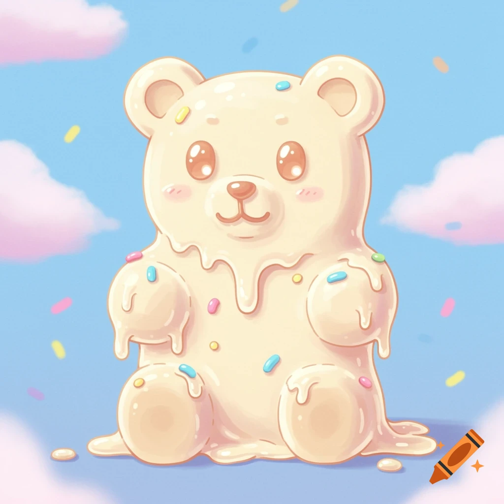 A melting white gummy bear with sprinkles sits under a blue sky with pink clouds in a cartoon style.