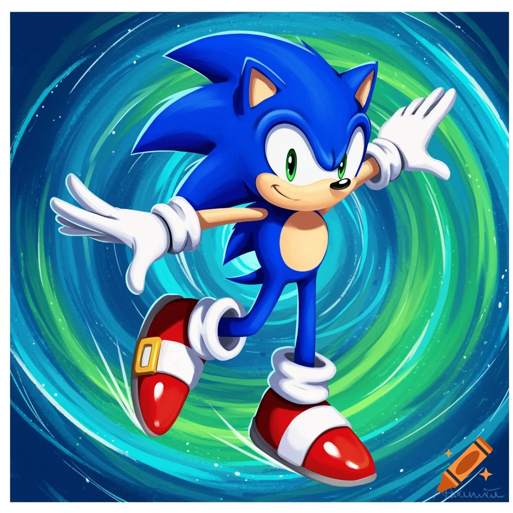 Illustration of Sonic the Hedgehog standing against a swirling blue and green background.