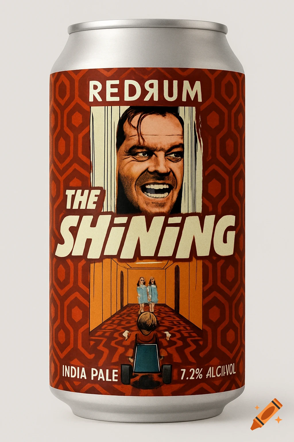 A beer can label featuring Jack Nicholson, the Grady twins, Danny Torrance, and the carpet pattern from The Shining.
