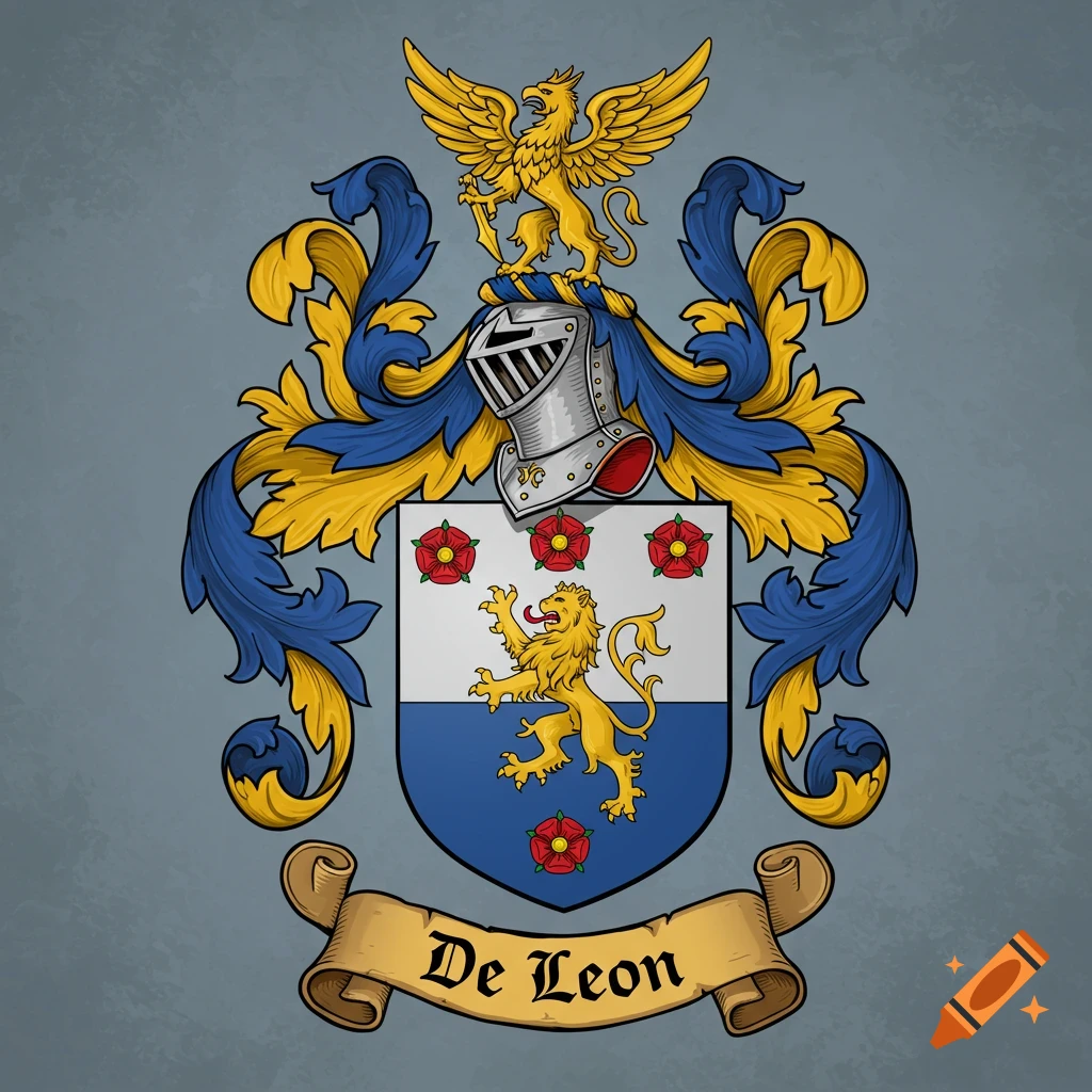 A detailed coat of arms featuring a shield with a lion and roses, topped by a helmet and griffin, with a banner below.