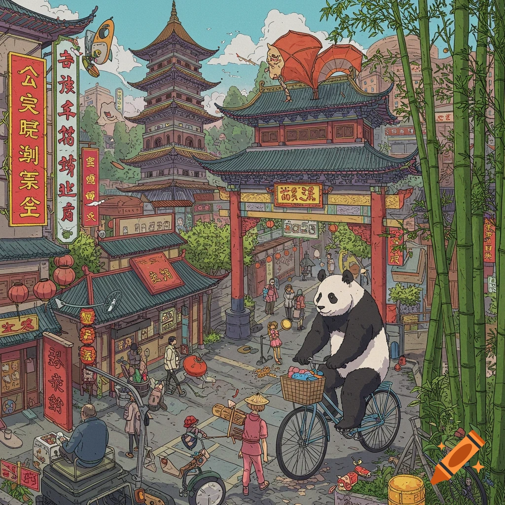 An illustration of a panda riding a bicycle through a busy street in a traditional Chinese city.