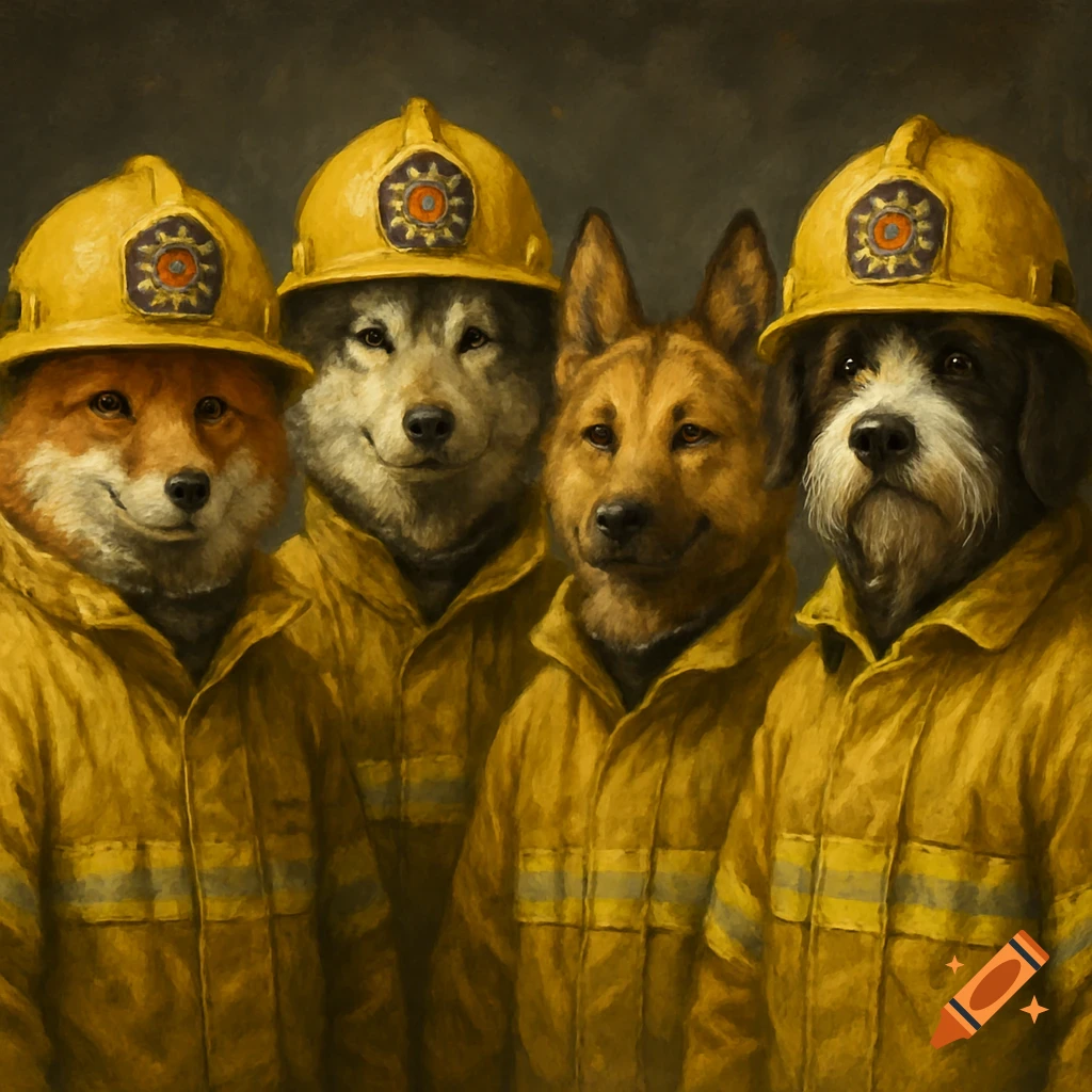 Four anthropomorphic animals, a fox and three canines, wear yellow firefighter helmets and jackets in a painting.
