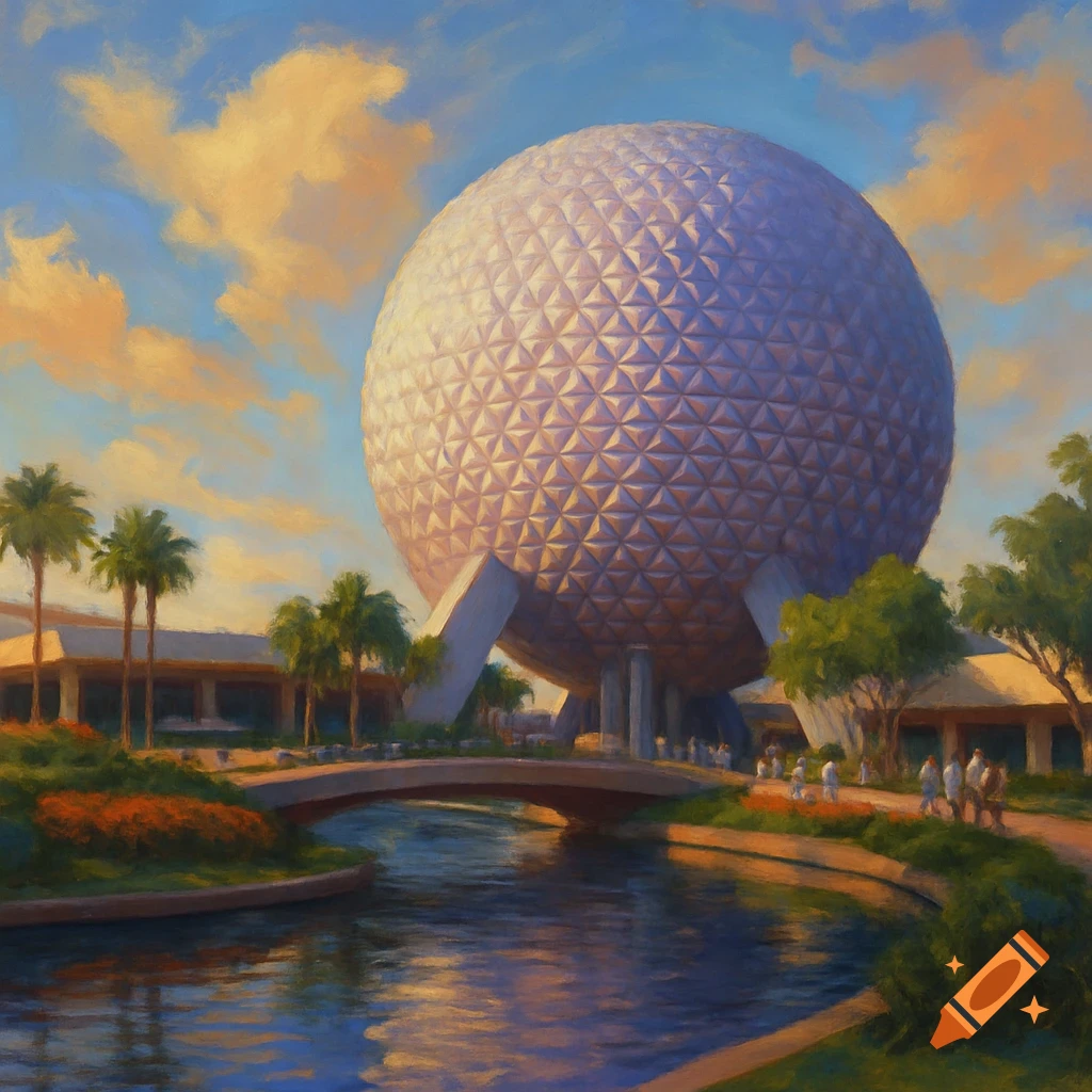 Painting of Epcot's Spaceship Earth sphere above water, buildings, and palm trees at sunset.