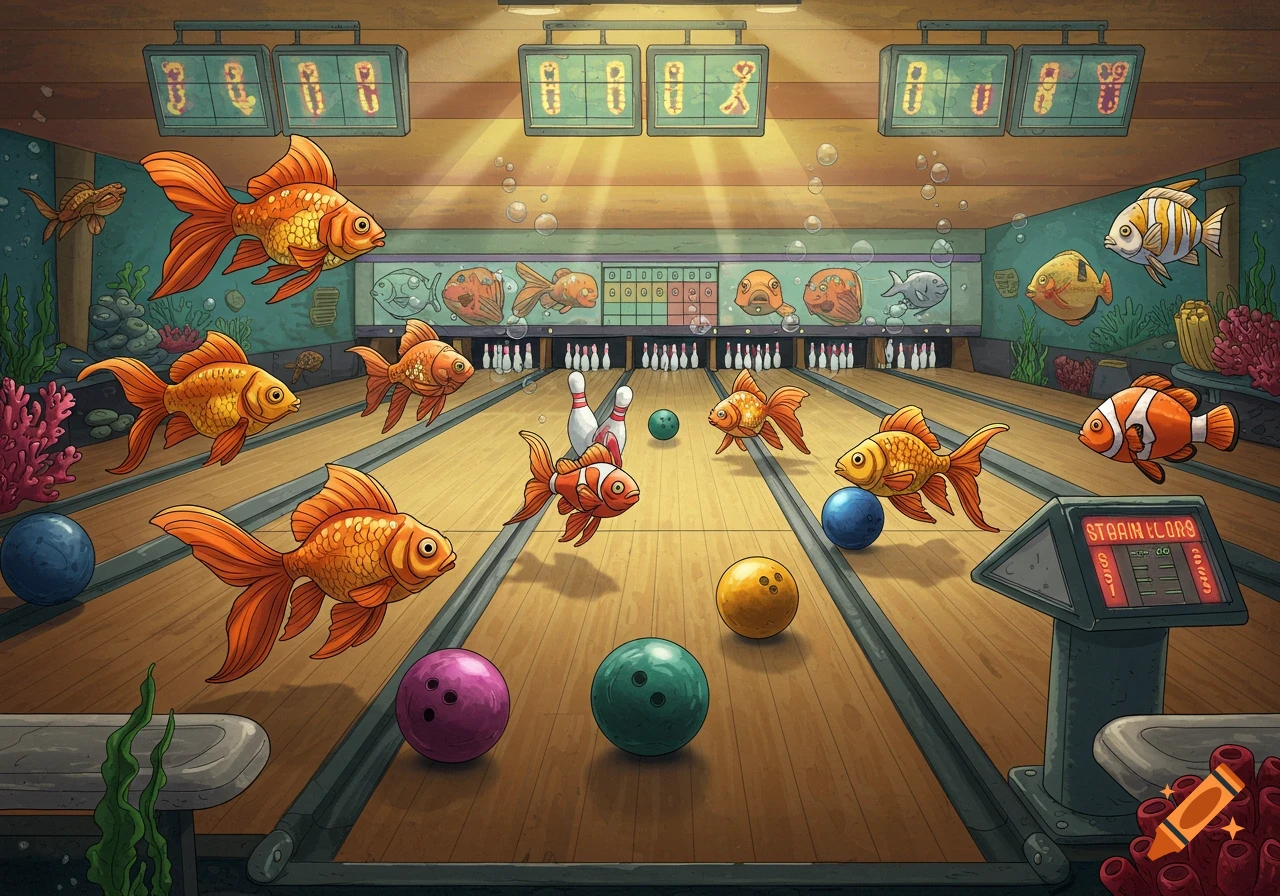 Cartoon illustration of fish bowling in an alley with balls and pins.