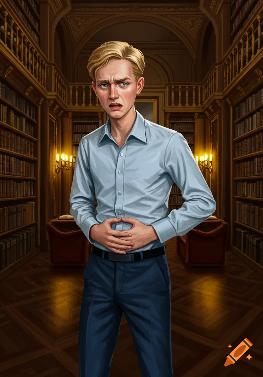 A blonde young man with a pained expression holds his stomach in a grand library.