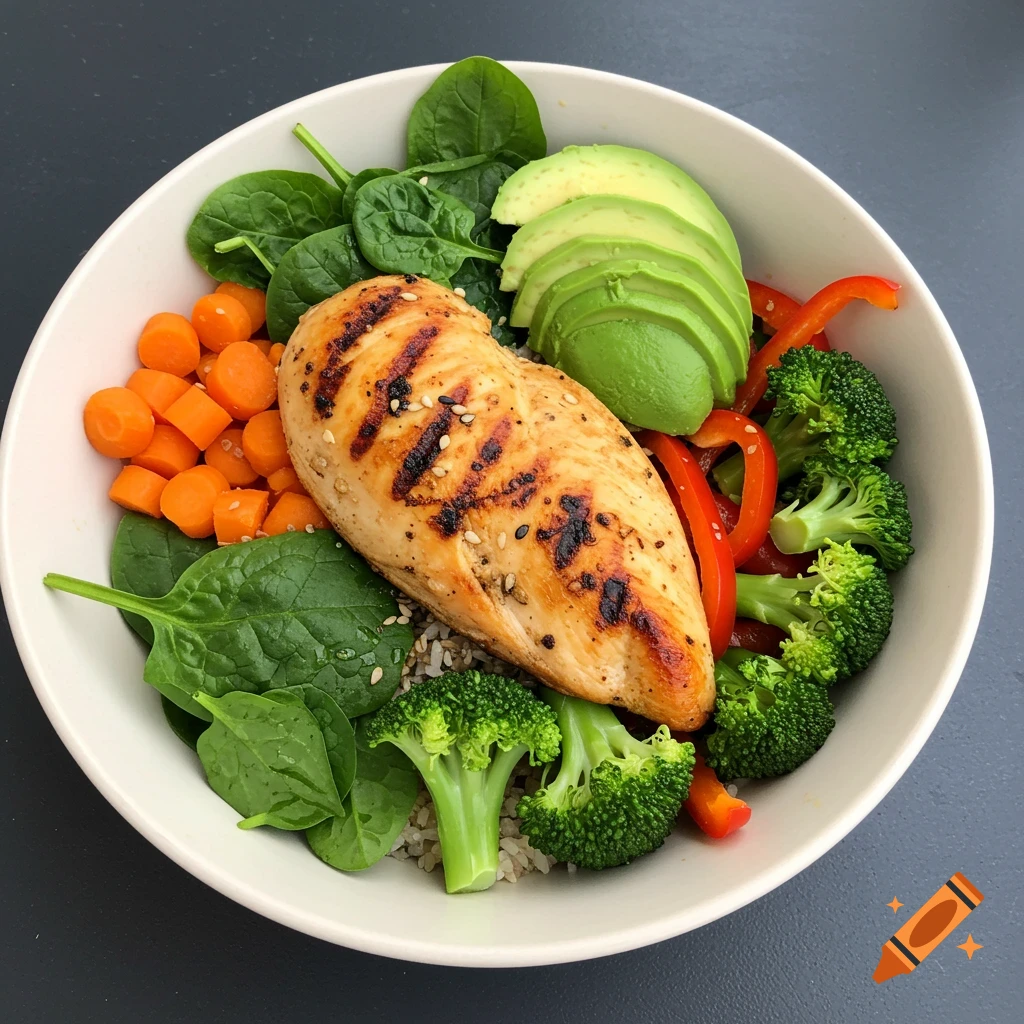 Grilled chicken breast and vegetables in a bowl