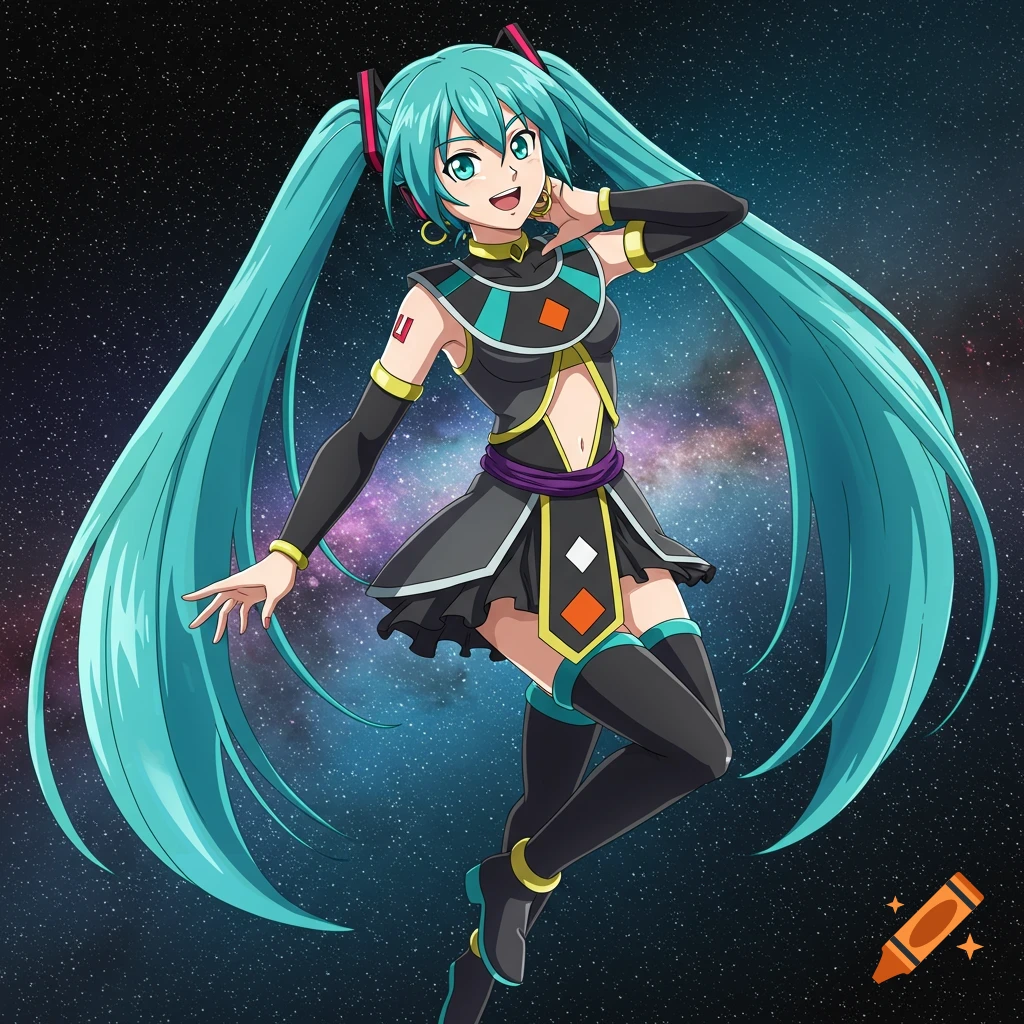 Anime illustration of Hatsune Miku wearing a Dragon Ball God of Destruction outfit, floating in space