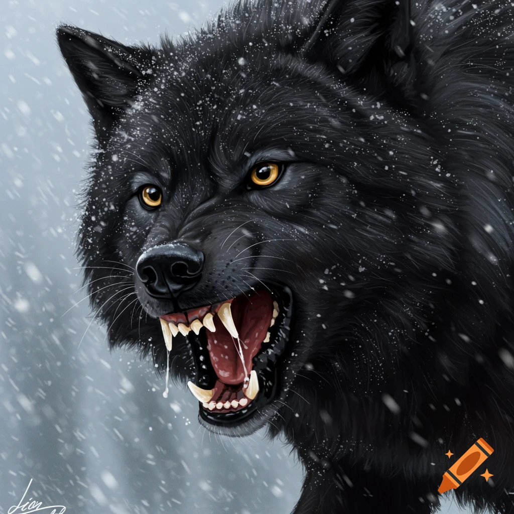 A close-up portrait of an aggressive black wolf snarling in a snowstorm.