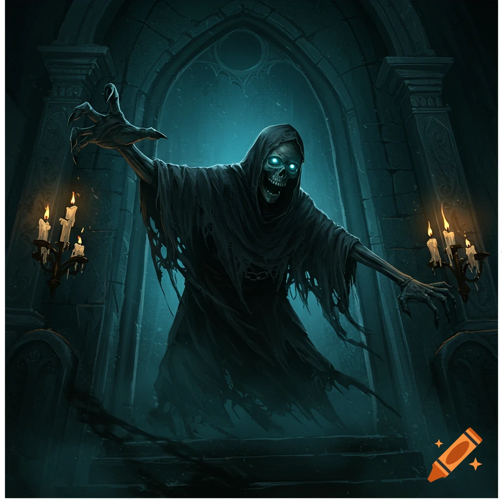 Skeletal figure in dark cloak reaching out from gothic archway with candles