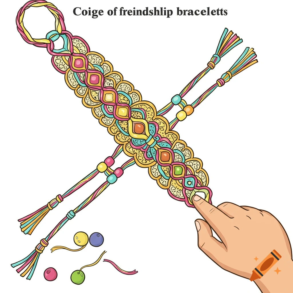 Detailed coloring page illustration of a friendship bracelet with beads, a hand, and loose beads.