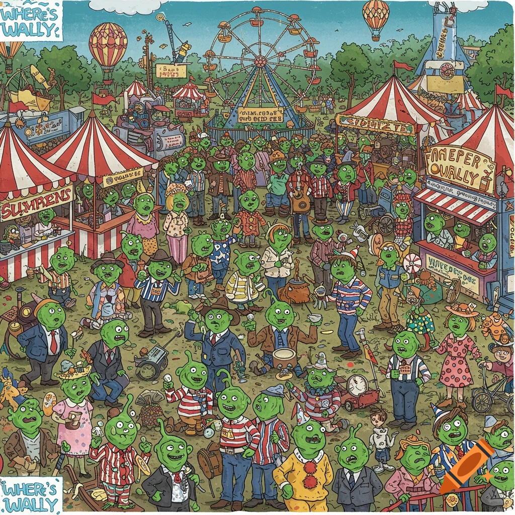 Illustration in the style of Where's Wally showing a crowded fairground with many green ooze creatures in various outfits.