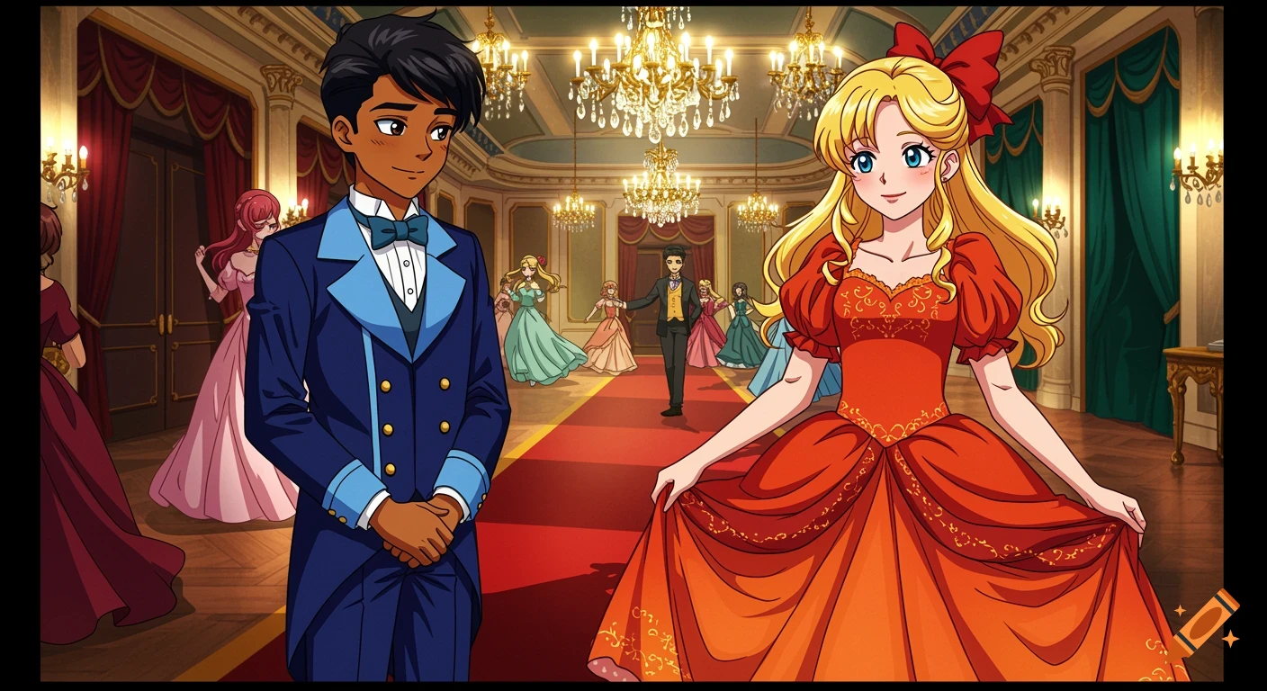Anime style illustration of a boy and girl in a grand ballroom.