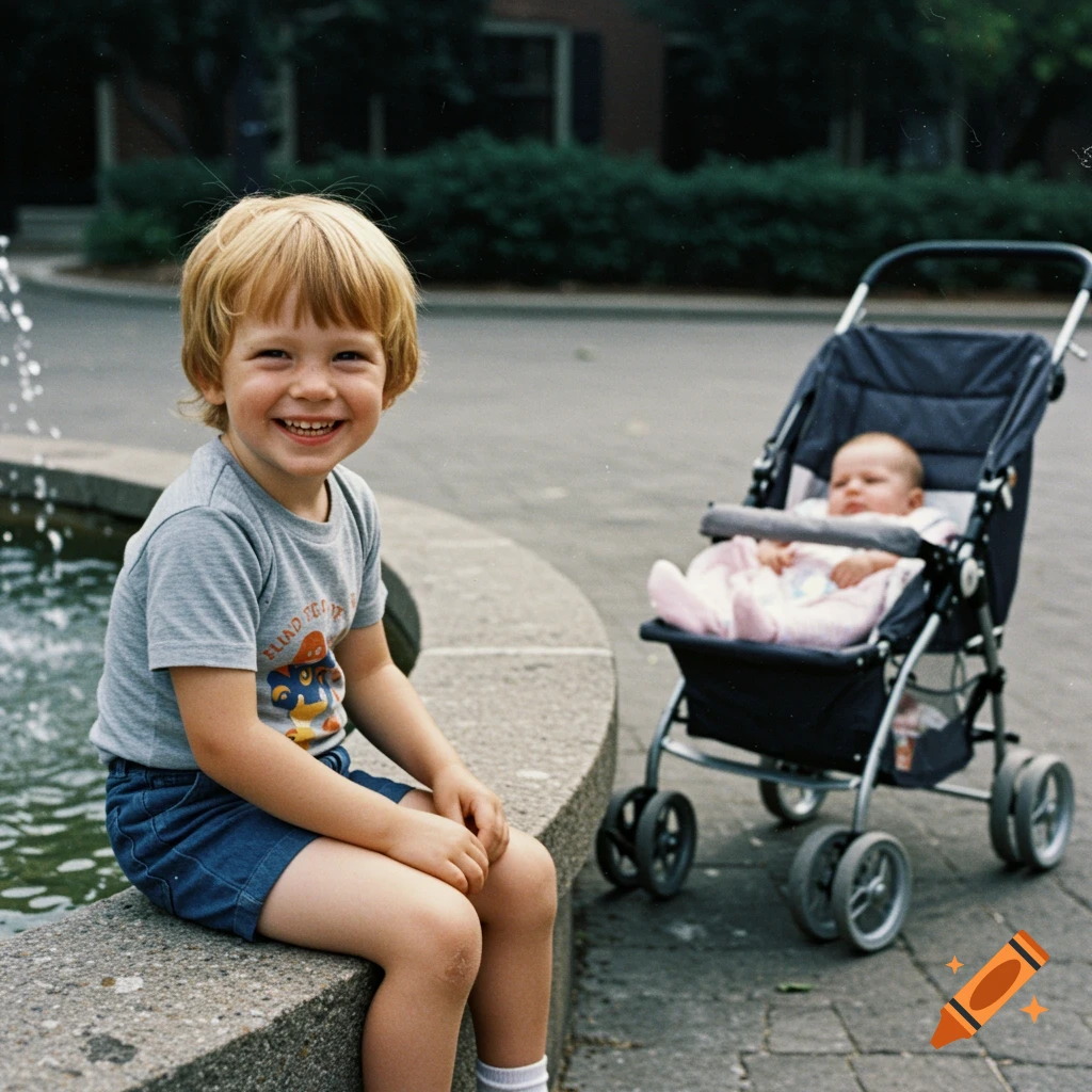 Young boy smiles sitting by fountain next to baby sister in stroller