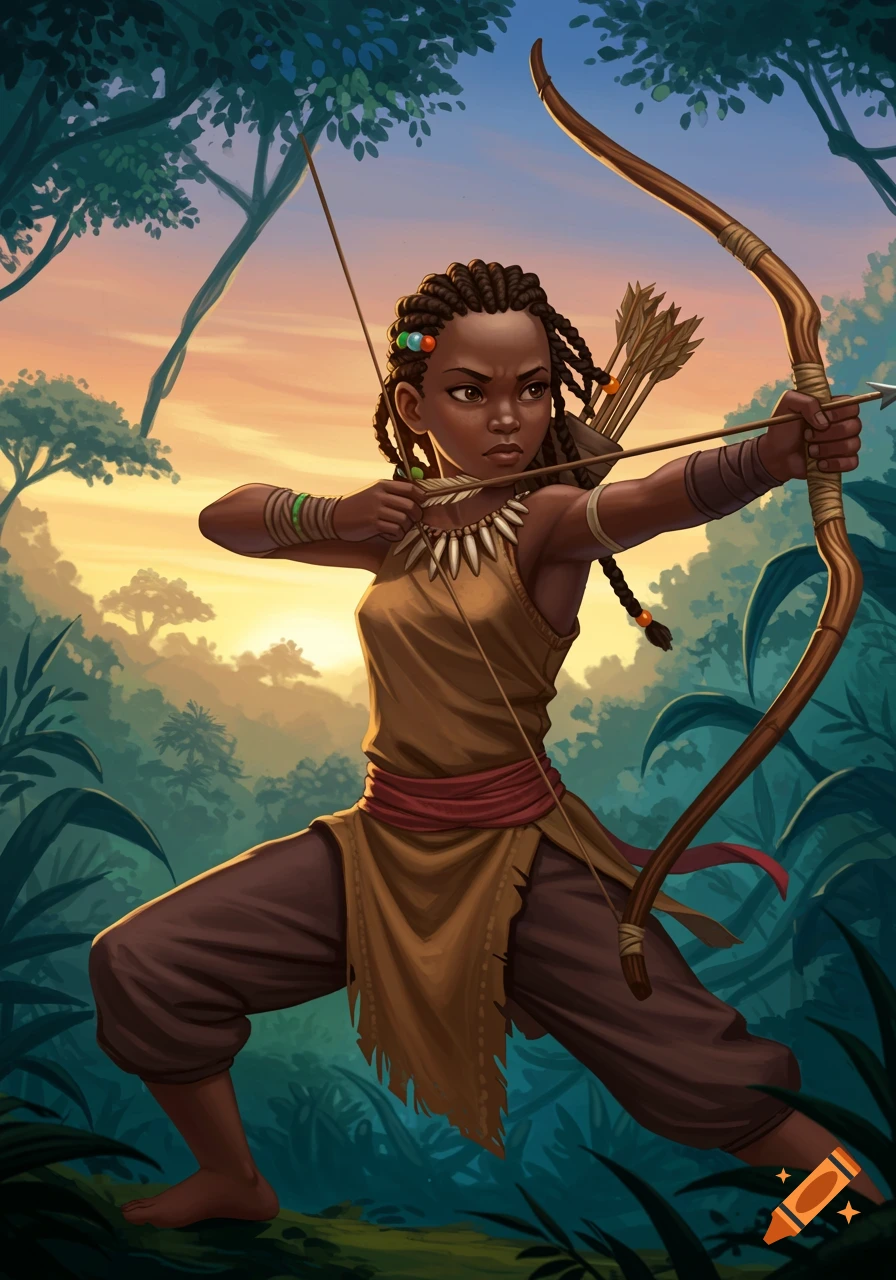 Illustration of an African teenage girl aiming a bow and arrow in a jungle at sunset.