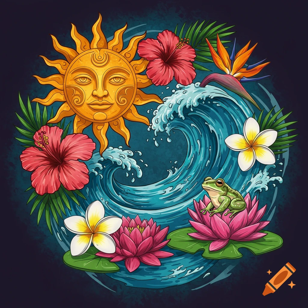 Stylized circular illustration of a sun, waves, tropical flowers, palm leaves, and a frog on a lotus.