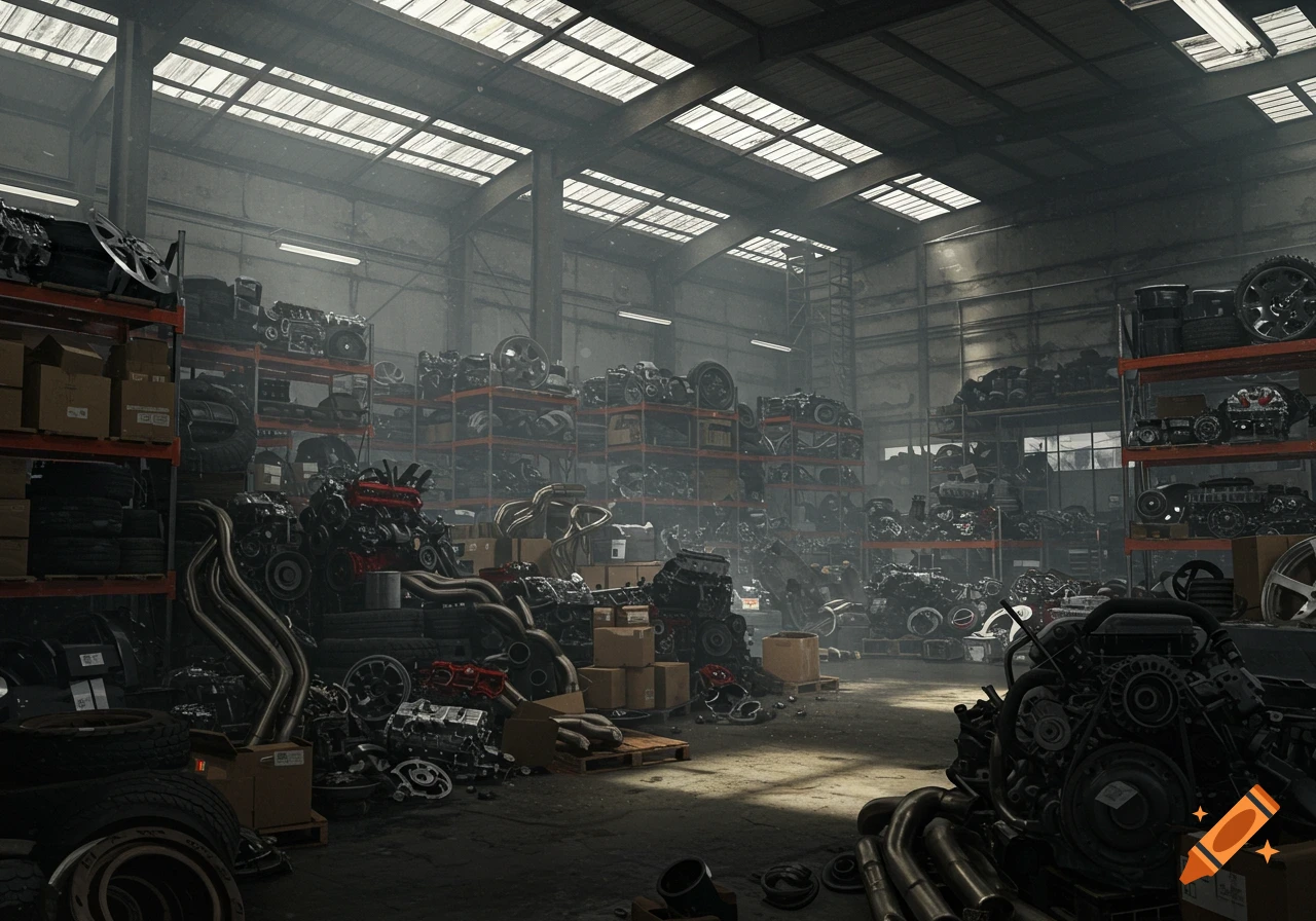 Photorealistic image of a cluttered warehouse filled with shelves stacked with auto parts, engines, and wheels.