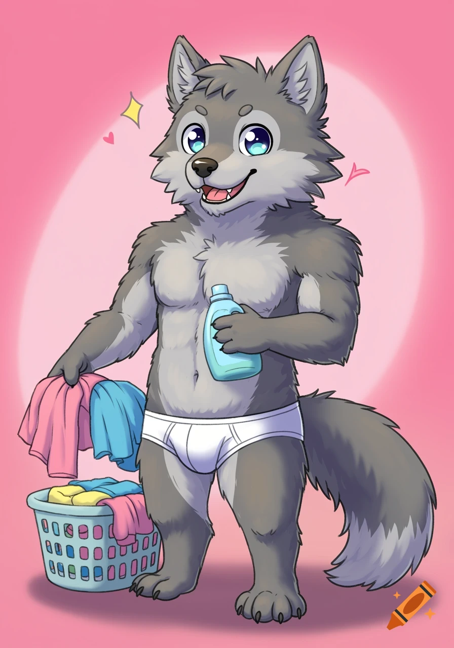 Cartoon wolf in briefs holding detergent bottle and clothes next to laundry basket