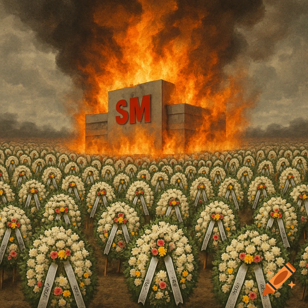A building with large red 'SM' letters is engulfed in flames, surrounded by a field of white funeral wreaths under a dark sky.