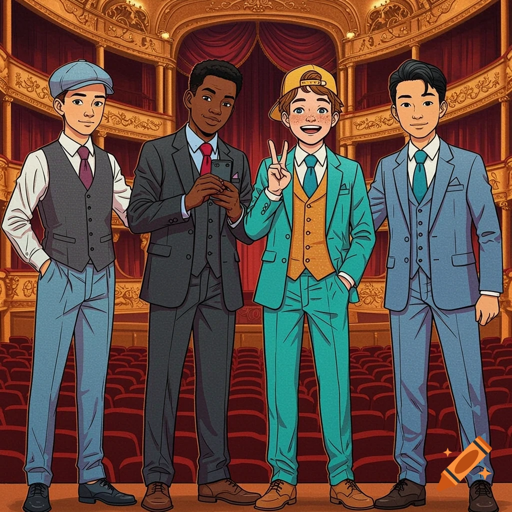 Four diverse teenage boys in suits stand in an opera house, anime pop art style.