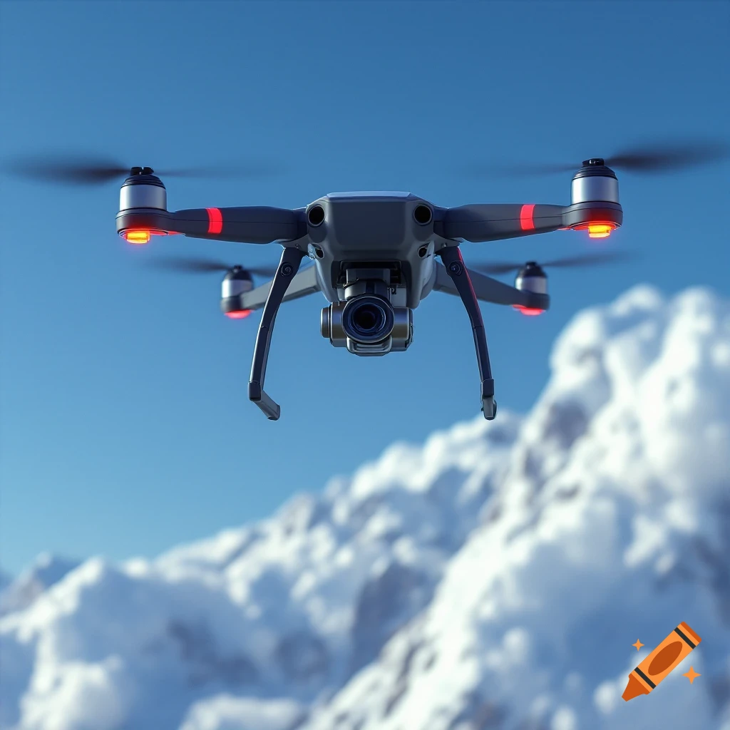 A drone flies over snowy mountains against a blue sky.