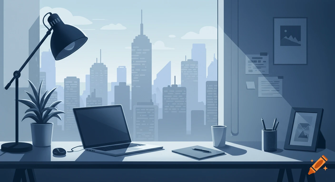 A minimalist blue illustration of a desk with a laptop, lamp, and plant, set against a city skyline viewed from a window.