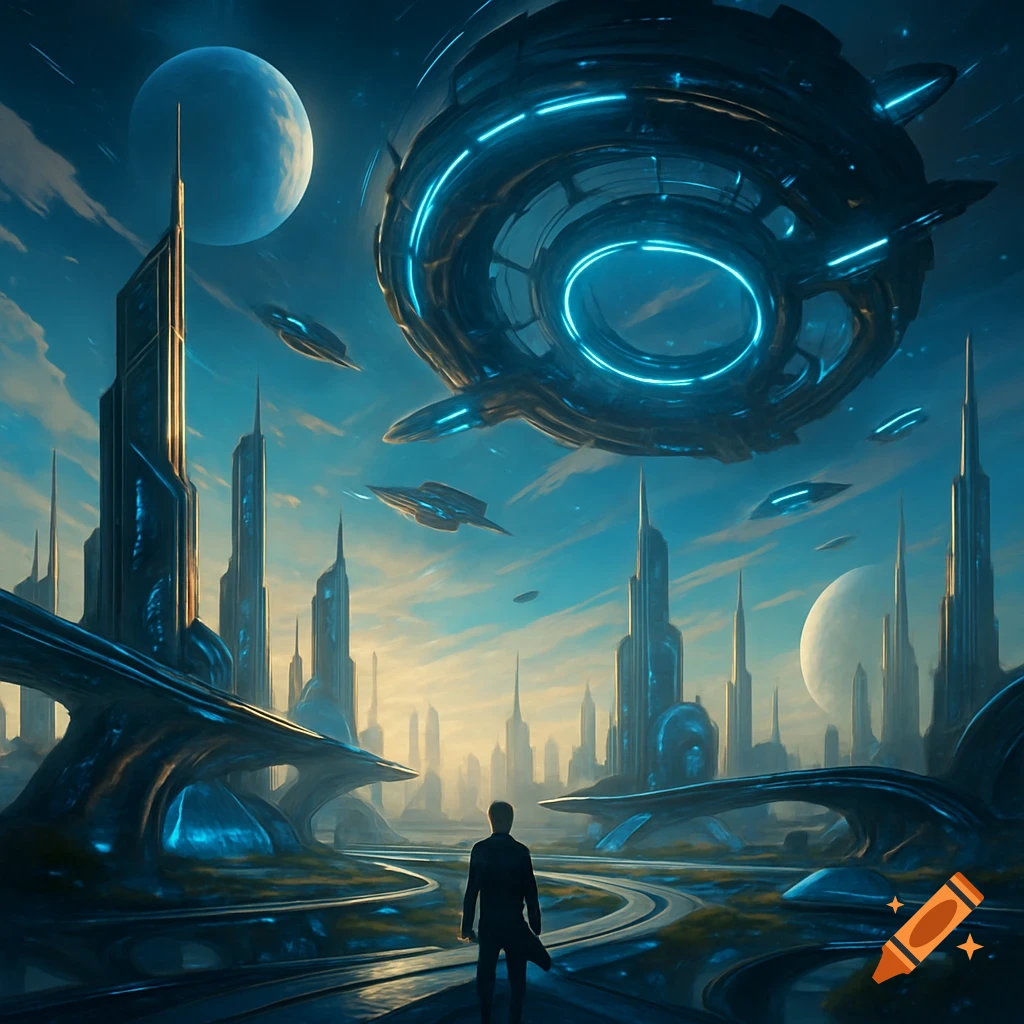 Person stands looking at a futuristic city with a large spaceship and planets in the sky.