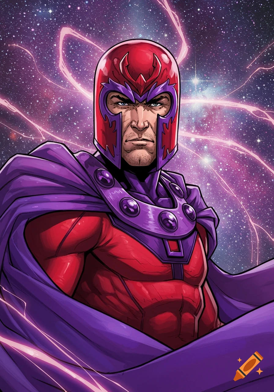 Comic book art of Magneto in his red helmet and purple cape against a starry space background.