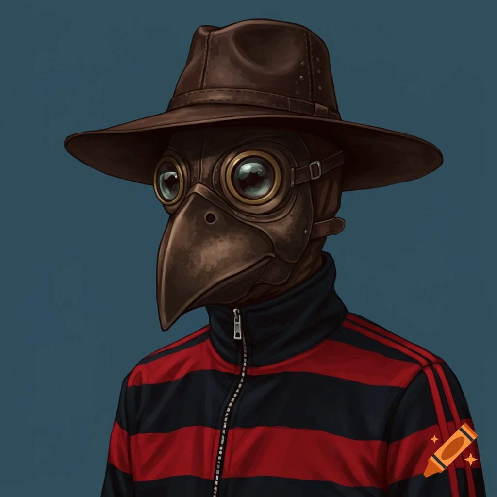 A figure in a plague doctor mask, brown hat, and striped jacket against a blue background. Illustration style.