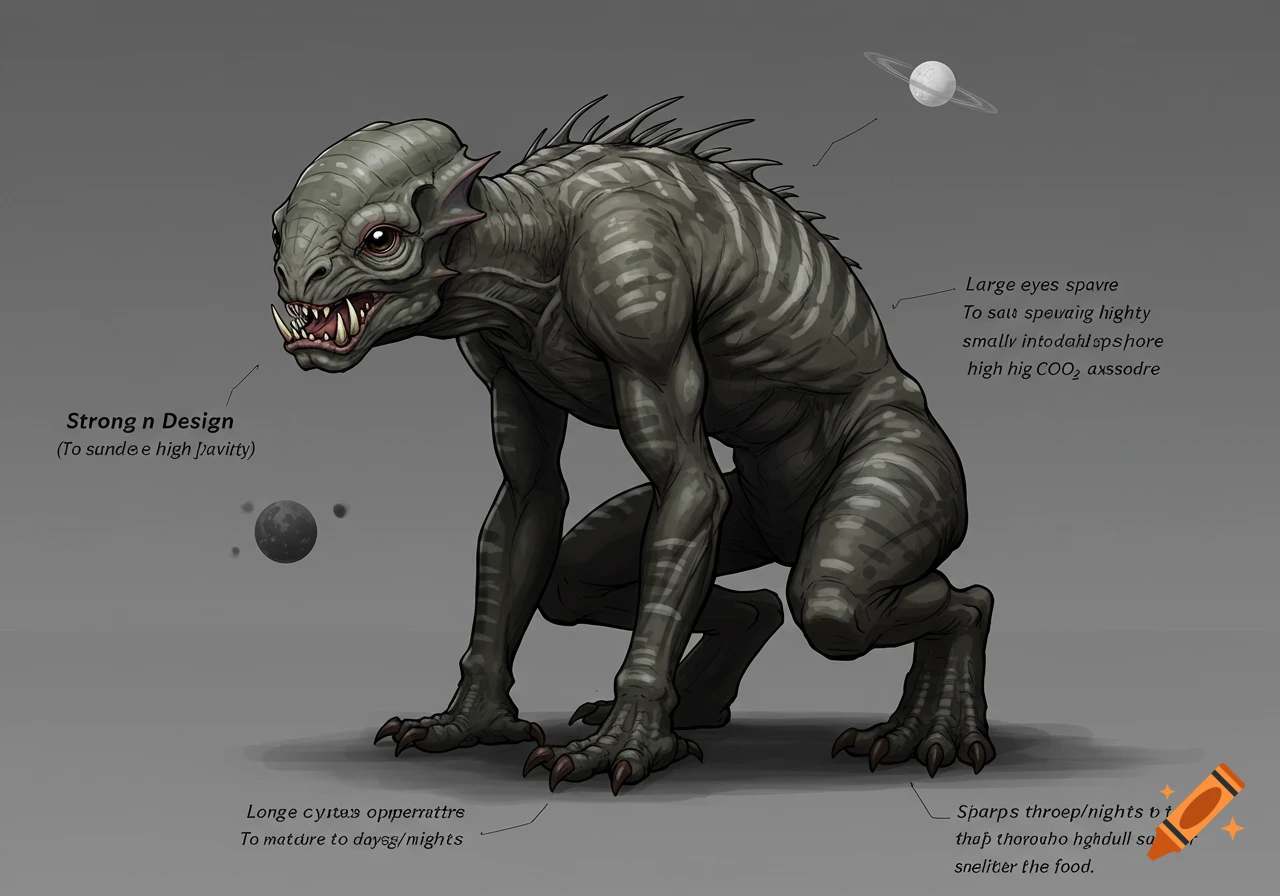 Illustration of a gray alien creature with sharp teeth and claws standing on a gray background with planets.
