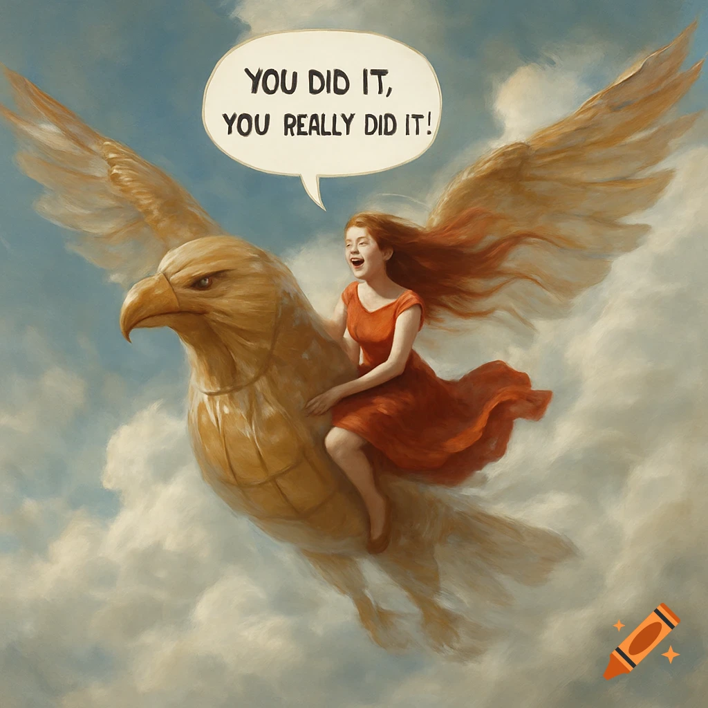 An illustration of a woman riding a large golden eagle-like creature through the sky with a text bubble that reads "YOU DID IT, YOU REALLY DID IT!".