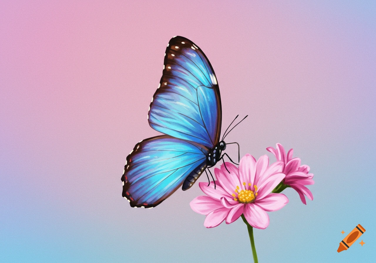 A blue butterfly rests on pink flowers against a pastel background.