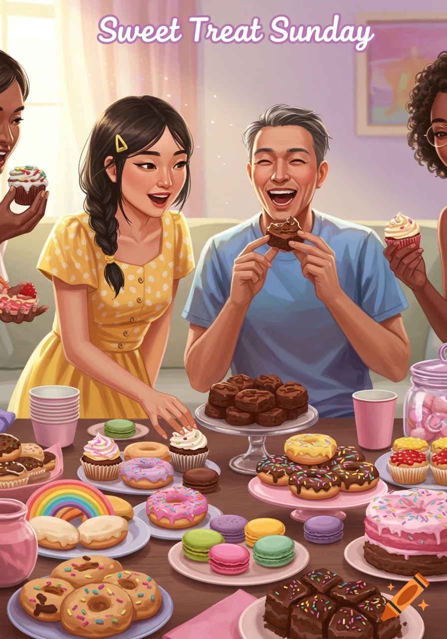 People enjoying a table full of colorful desserts, digital art