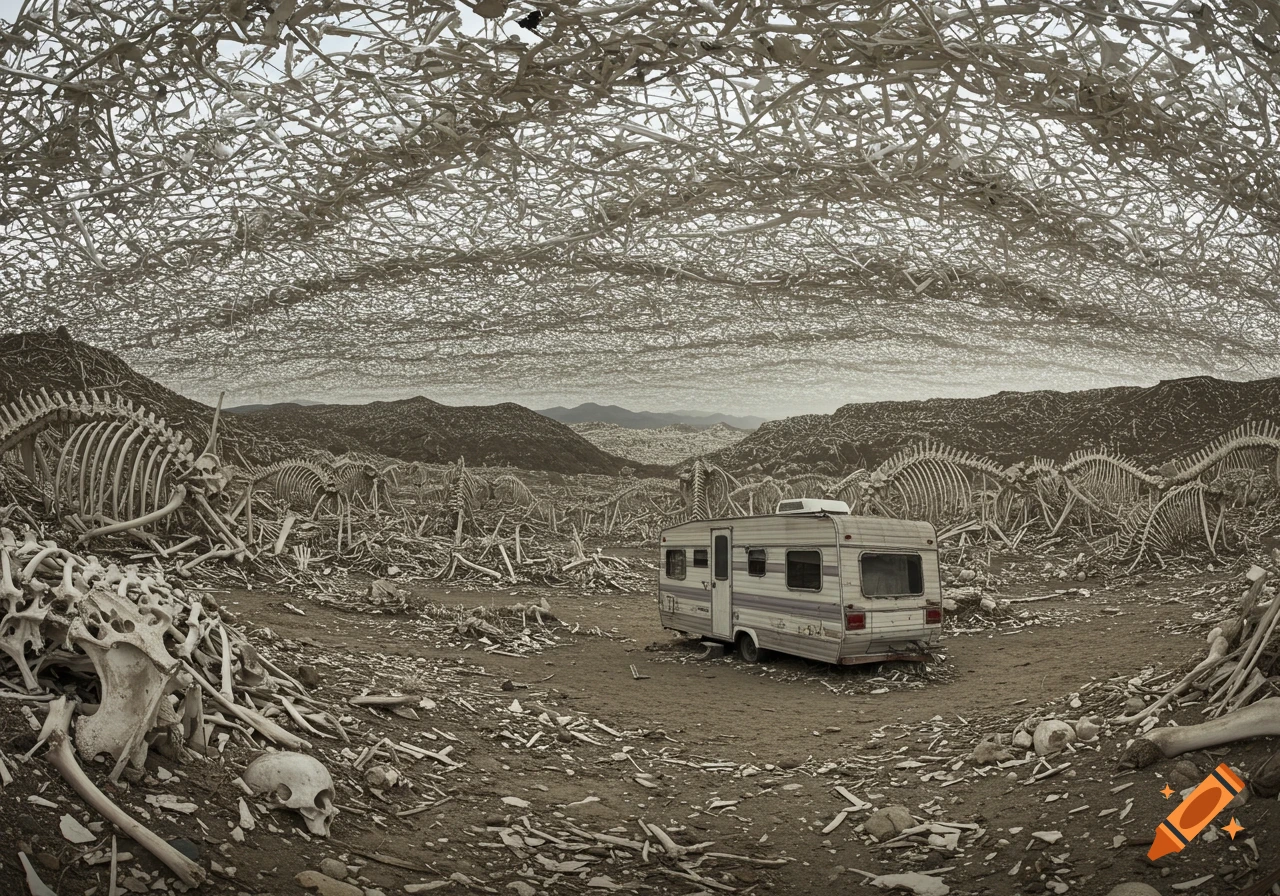A trailer sits in a valley landscape made entirely of skeletal remains and bones, including the sky.