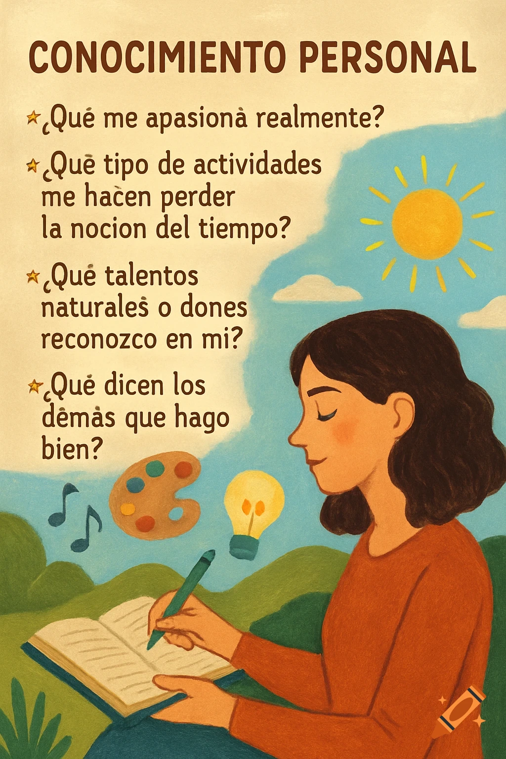 Illustration of a woman writing in a notebook outdoors, with text asking questions about personal knowledge.