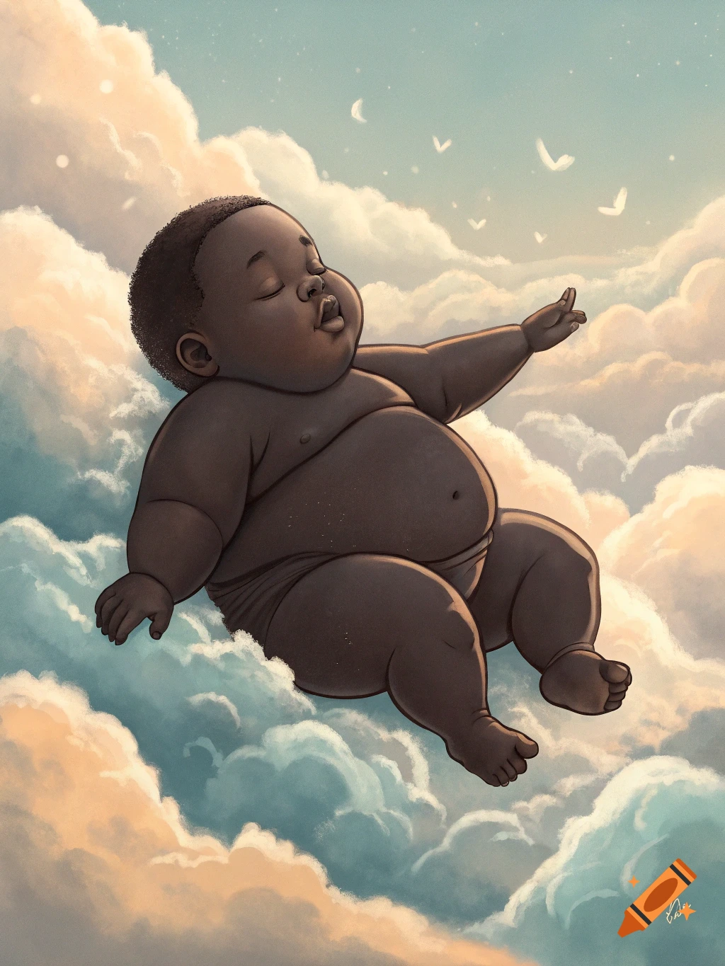 A chubby baby floats contentedly among pastel clouds in a sky with stars.