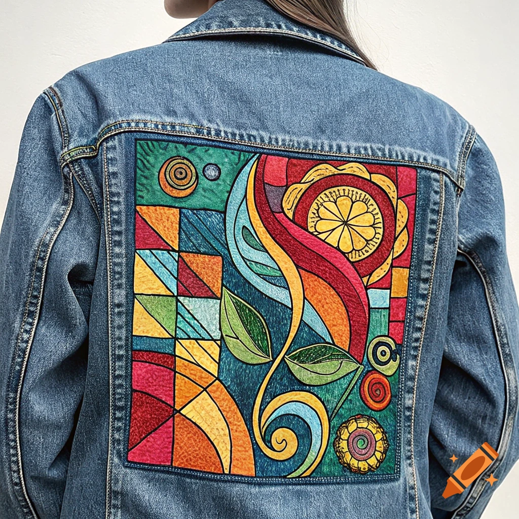 Back of a denim jacket with a vibrant, abstract, psychedelic-style patch.