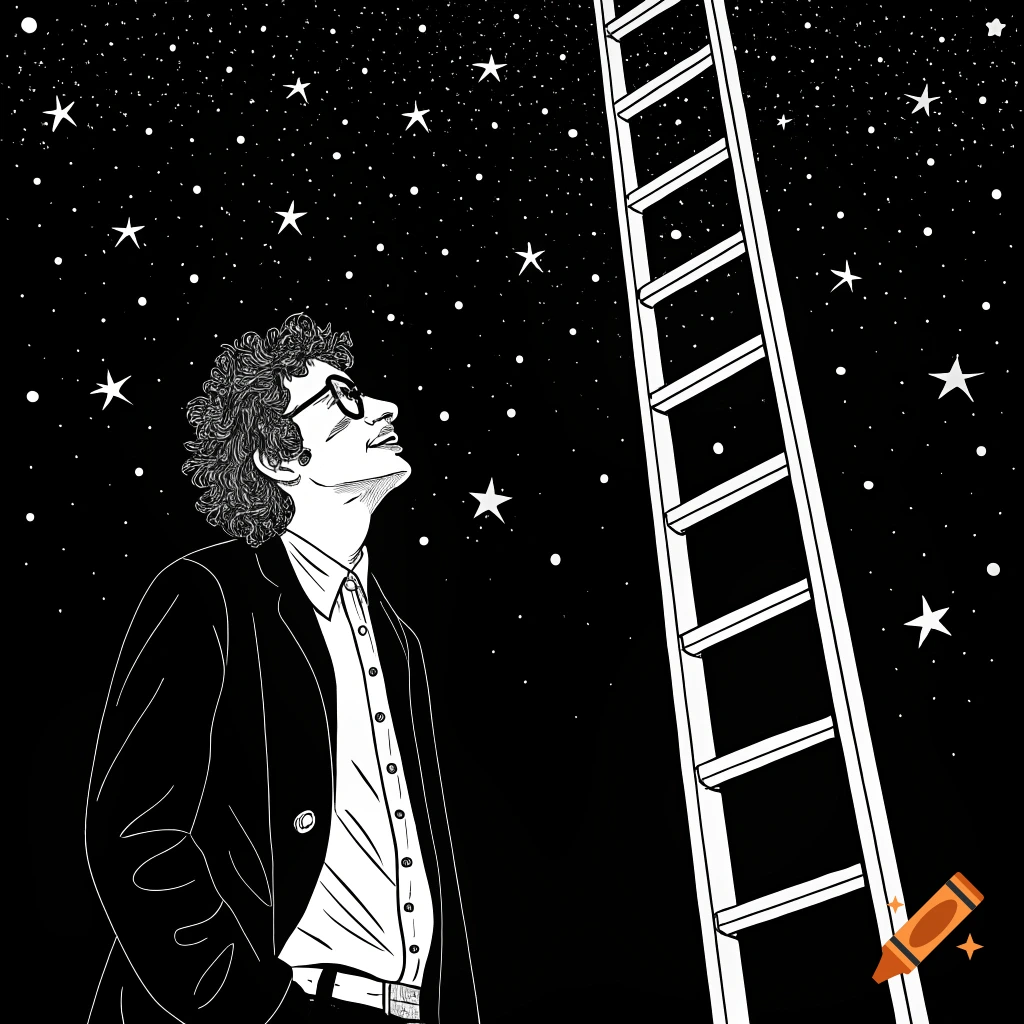 Black and white line drawing of a man resembling Bob Dylan looking up at a ladder reaching into a starry night sky.
