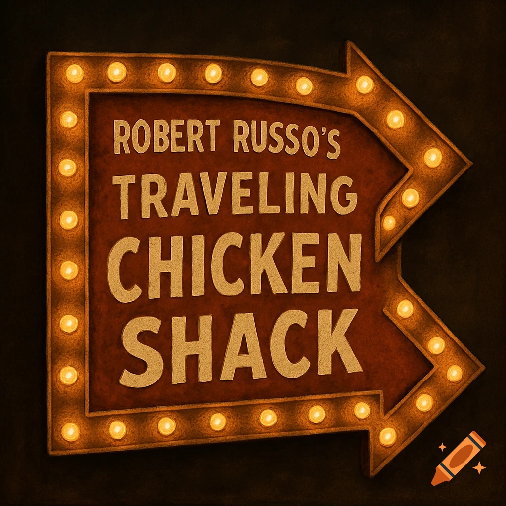 A vintage-style marquee sign shaped like an arrow advertising "Robert Russo's Traveling Chicken Shack".