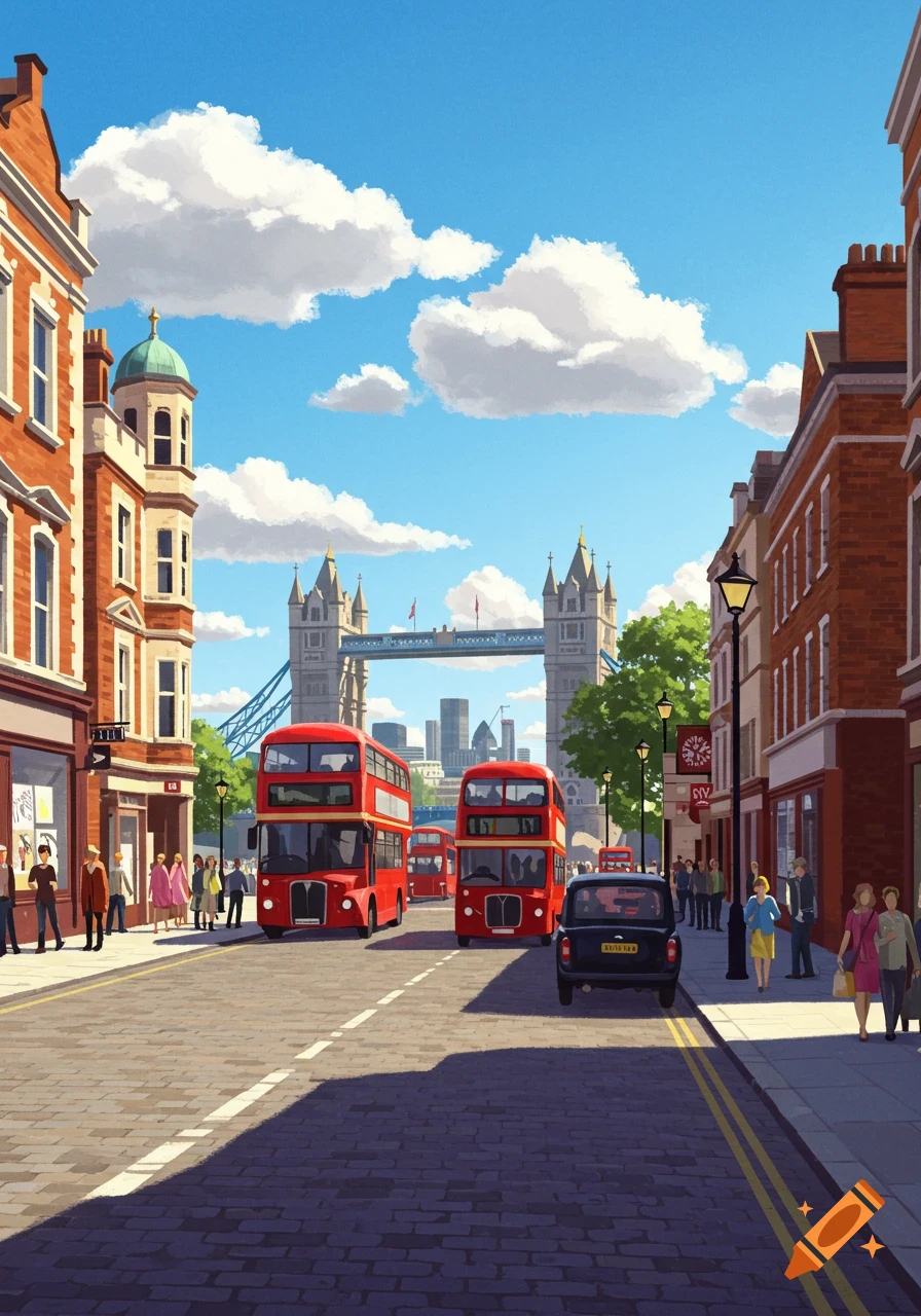 Illustrative street scene in London with red double-decker buses, black cab, people, and Tower Bridge.